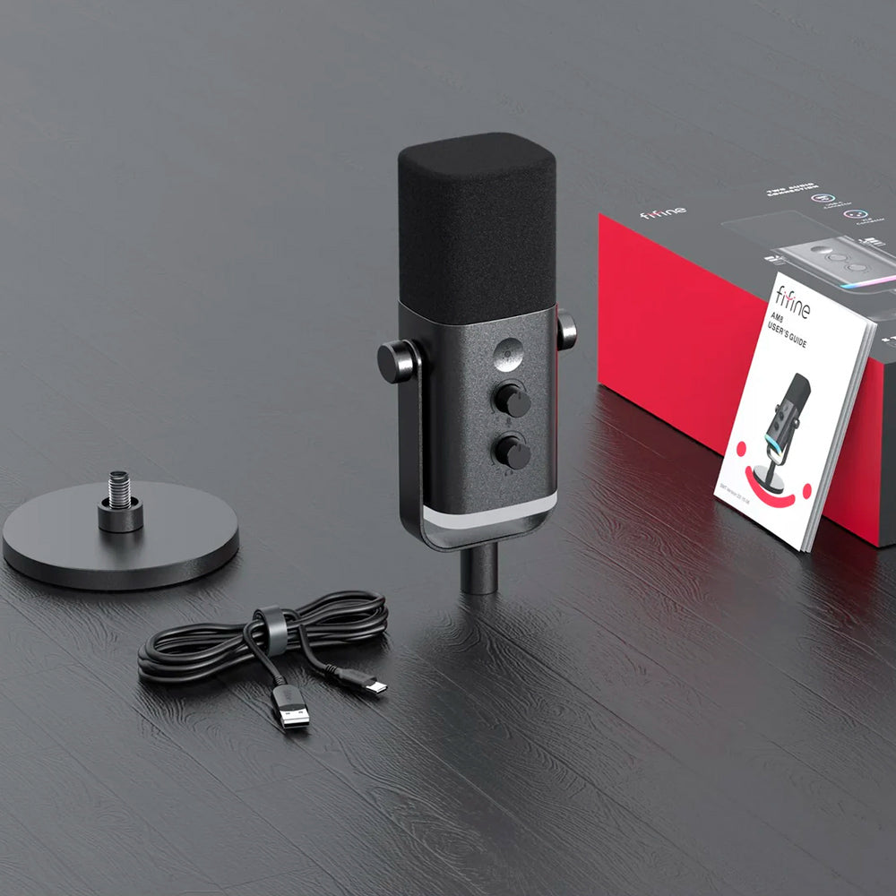 Microfone Fifine AM8 Dinâmico Xlr/USB Para Podcasts, Transmissão De Jogos, RGB, Conector P2 , Suporte De Mesa, Preto